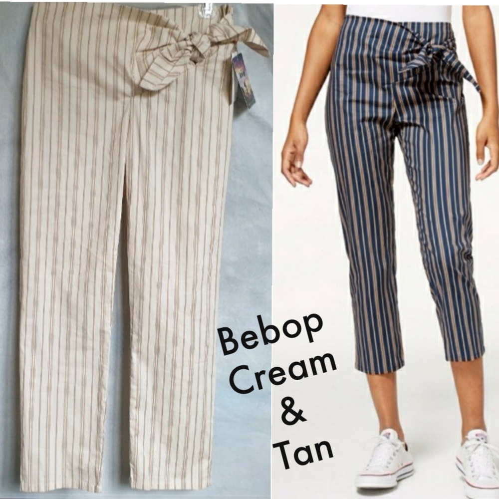 Bebop Jr's Pinstriped Cream & Tan Cropped Lightweight Pants w/ Tie Knot Detail S